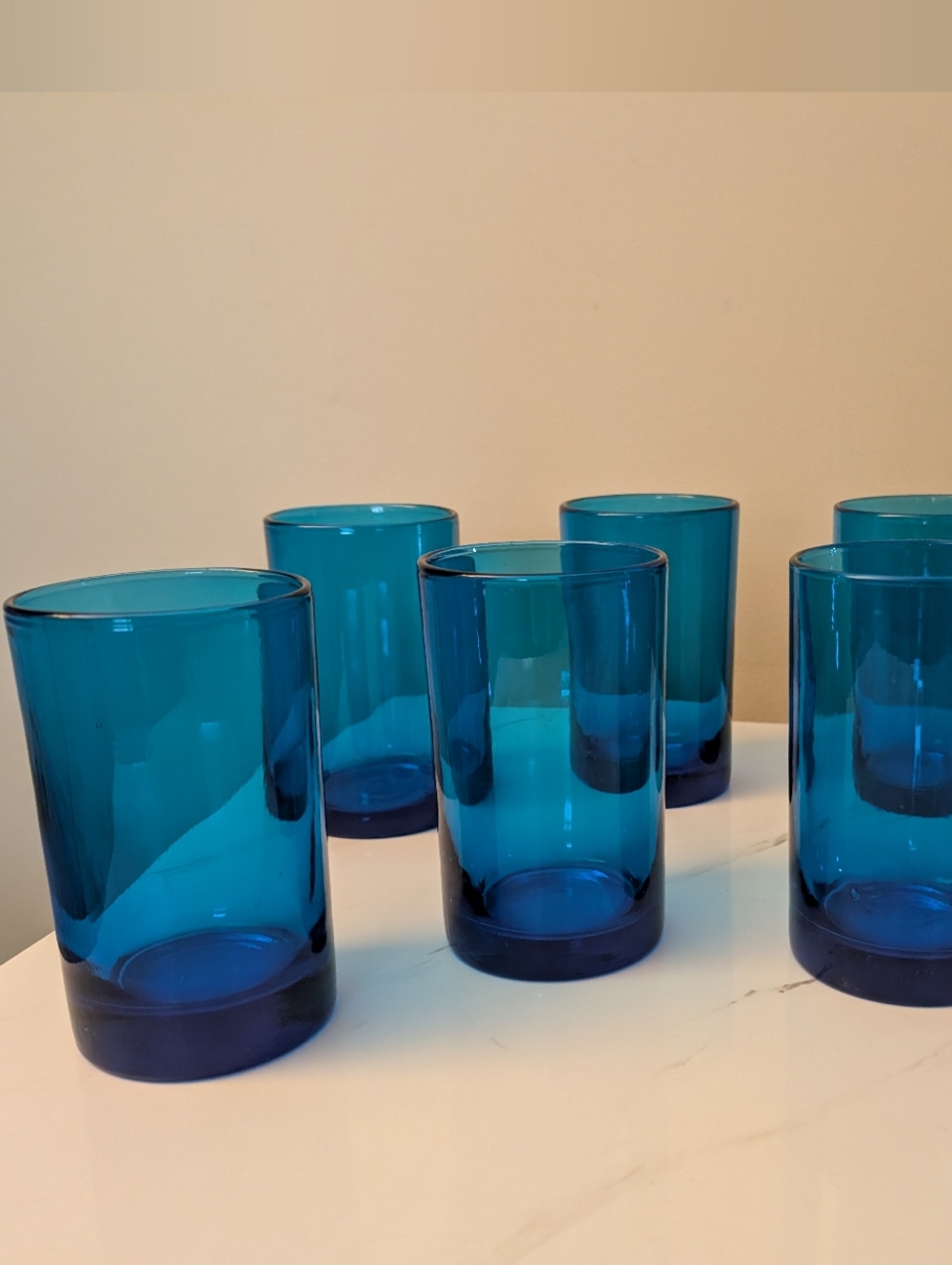 VTG MCM Italian Empoli Hand-Blown Turquoise Glass Tumblers - Set of 6